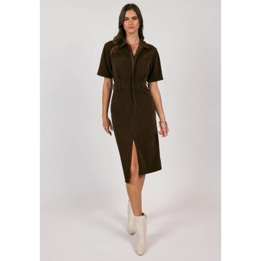 Sage the Label Size Large | Paradox Solid Brown Corduroy Half Zip Midi Dress
